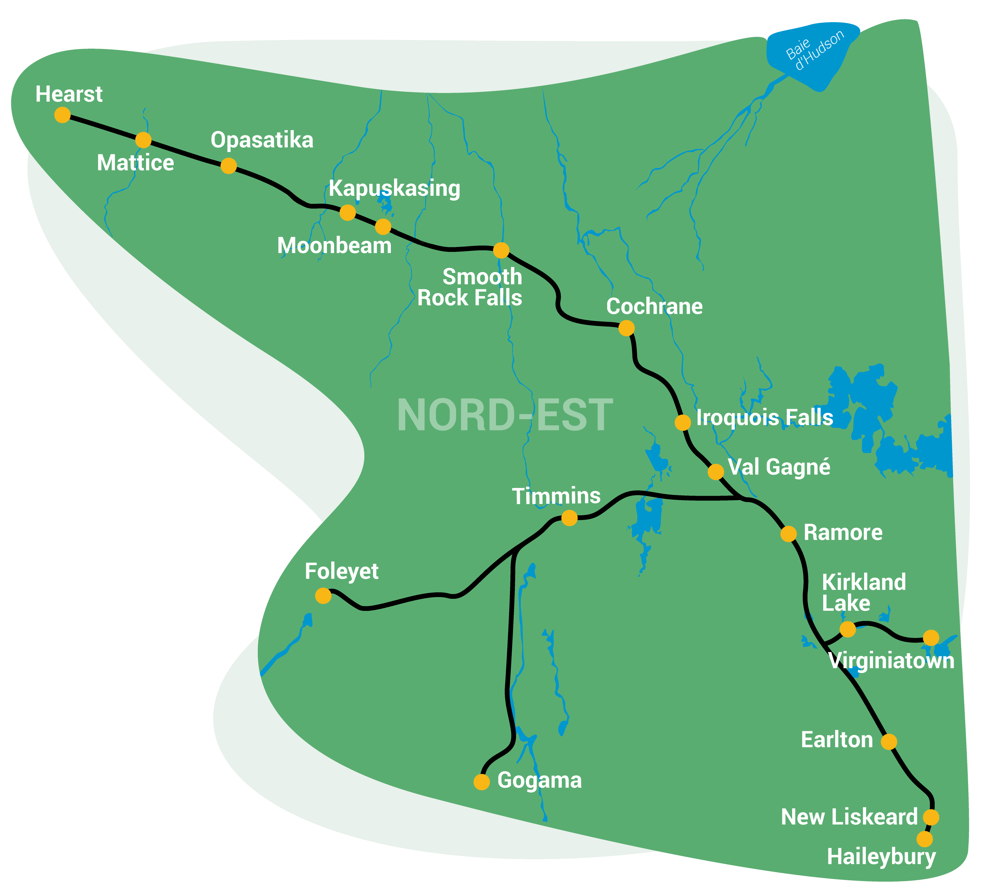 Carte du territoire Nord-est de l'Ontario avec l'emplacement des écoles de la région
